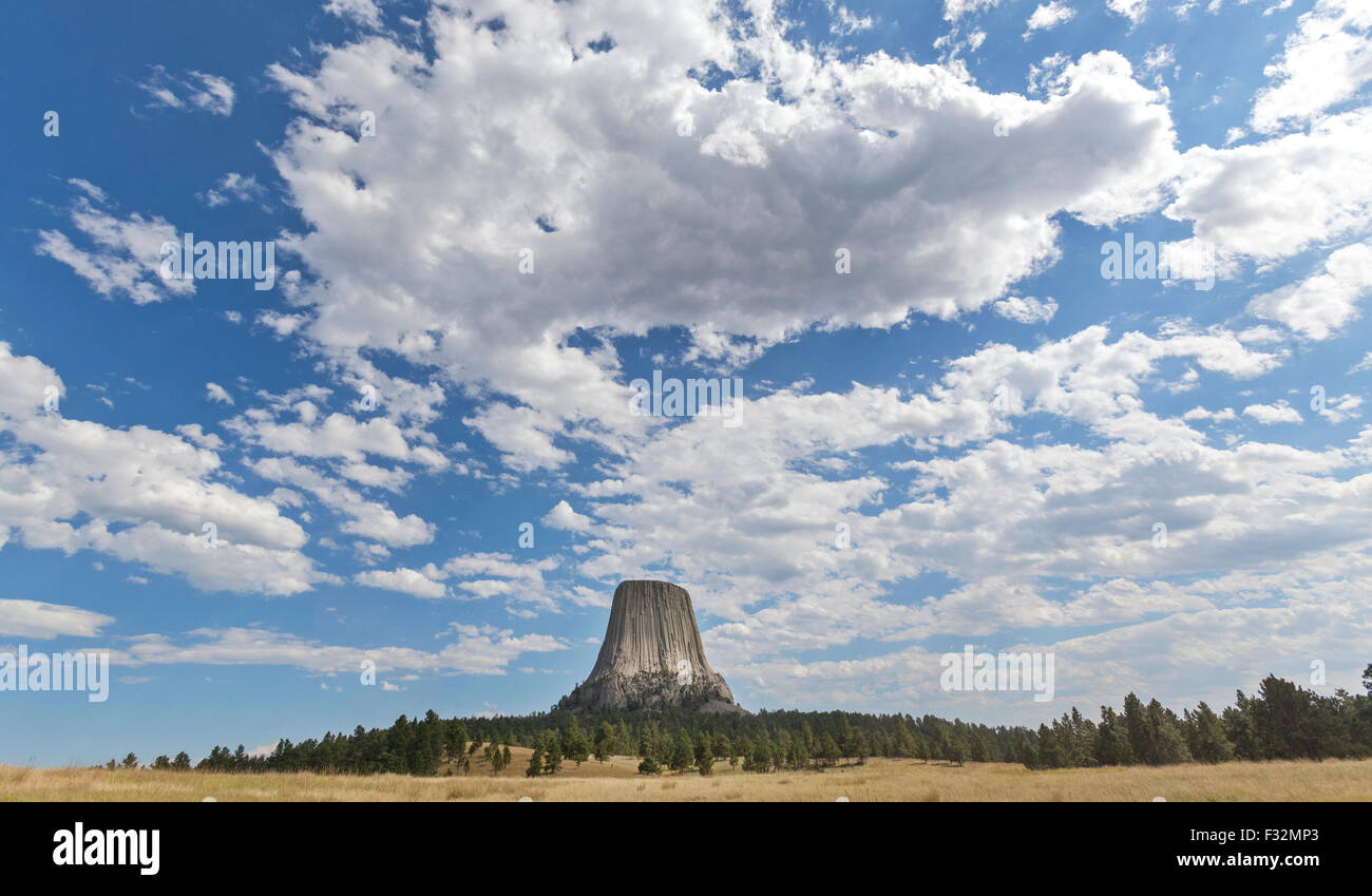 Una vista di Devils Tower National Monument, Wyoming. Foto Stock