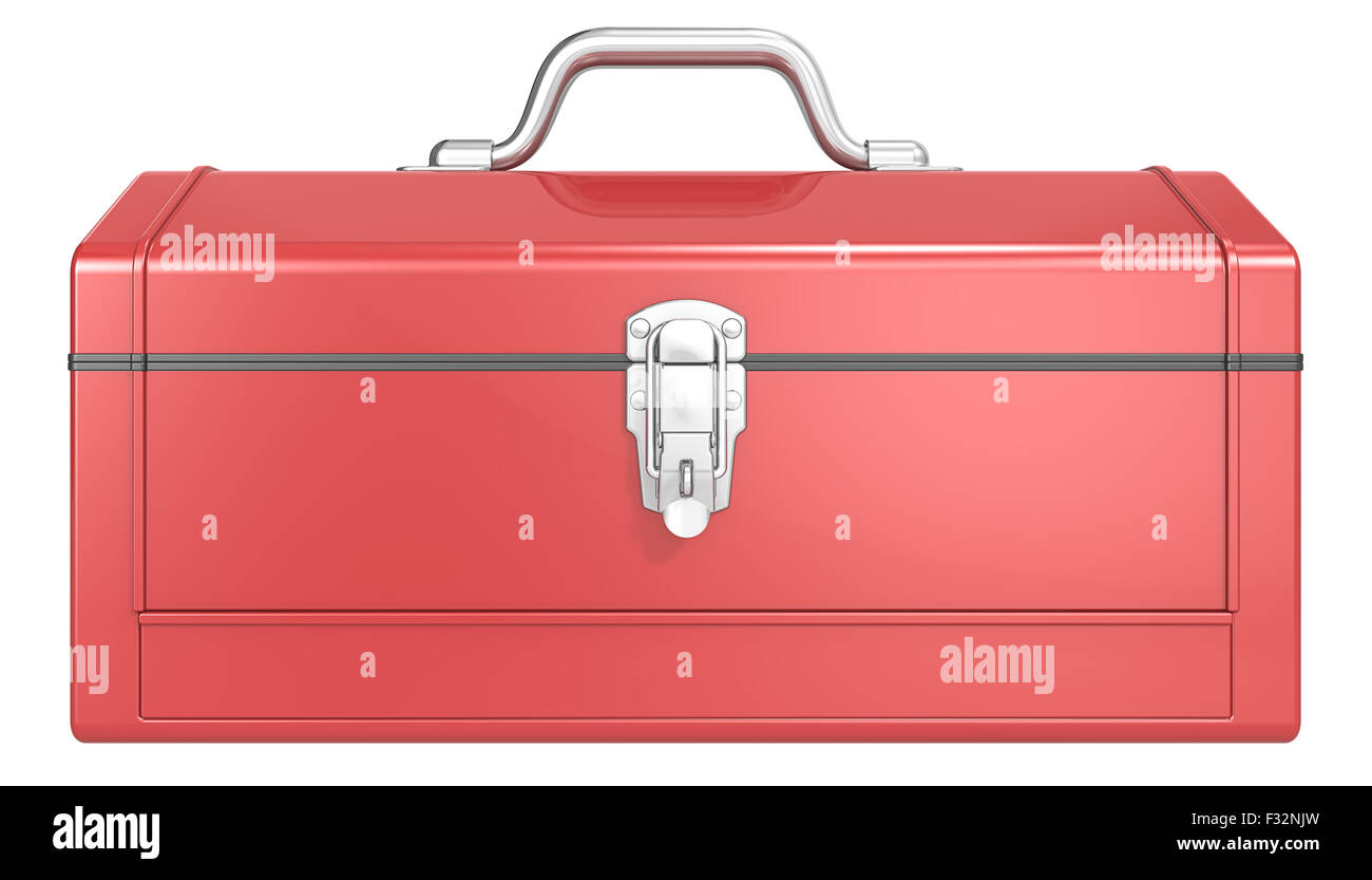 Rosso classico metal Toolbox. Vista frontale. Isolato. Foto Stock