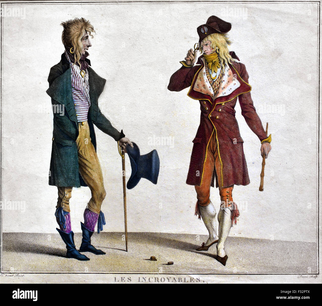 Les Incroyables 1796 Jean Louis Marais dopo Carle Vernet, 1701 - 1801 colorato incisione imbianchini 1796 Francese di Parigi Foto Stock