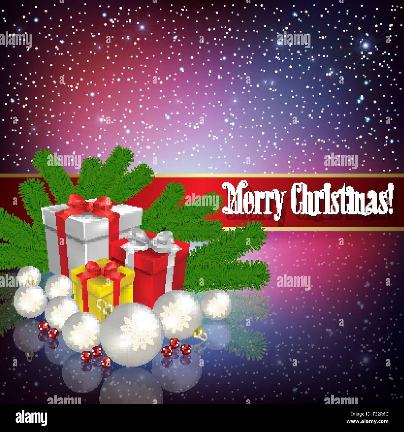 Celebrazione saluto con i regali di Natale e decorazioni blu su sfondo rosso Illustrazione Vettoriale