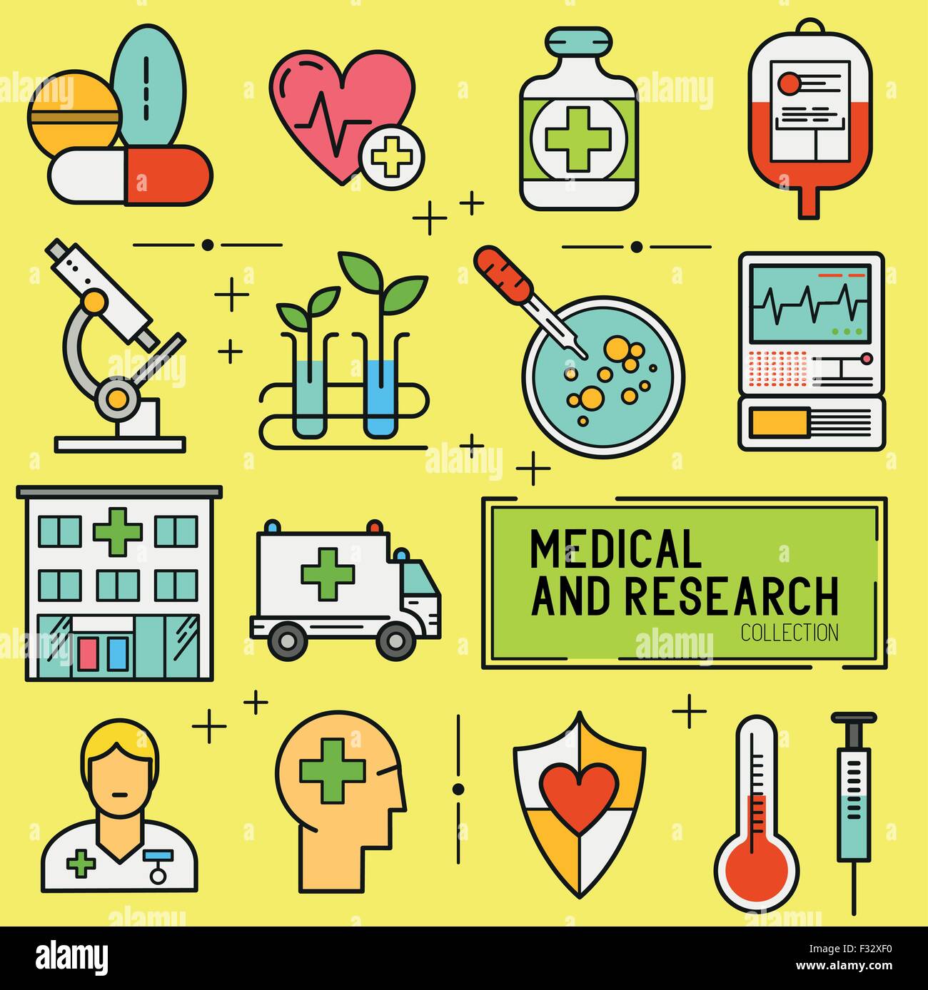 Medica e di ricerca icona Set. Una raccolta di icone di medici compresi, attrezzature, di persone e di strumenti medicali. Illustrazione Vettoriale