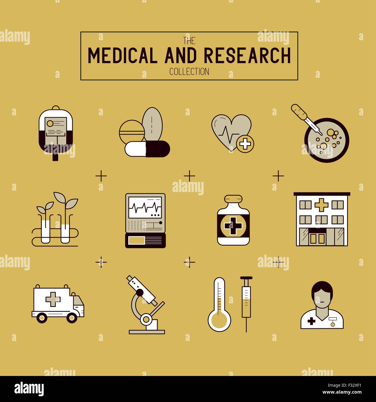 Medica e di ricerca icona Set. Una collezione di oro icone mediche comprese, attrezzature, di persone e di strumenti medicali. Illustrazione Vettoriale