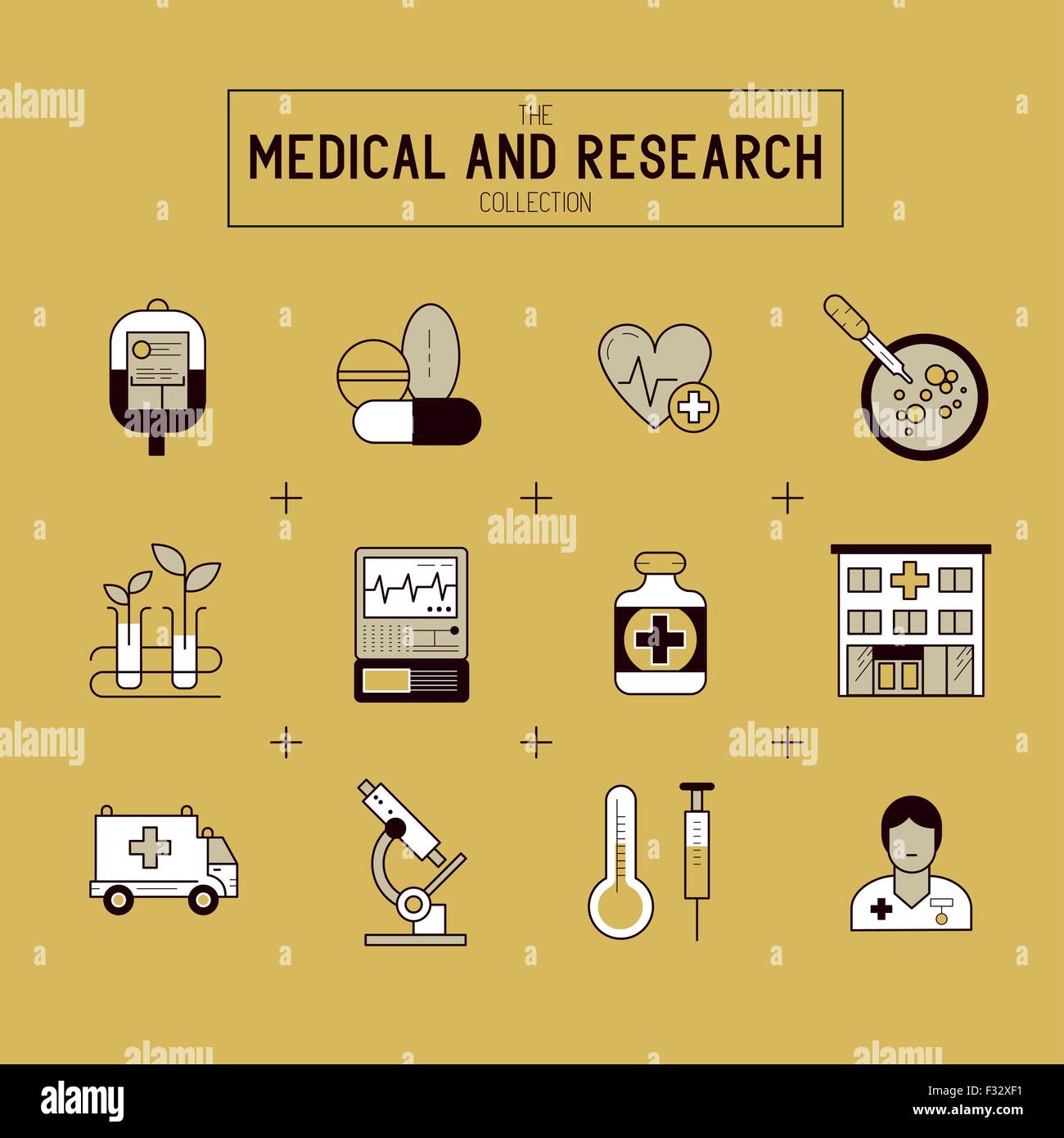 Medica e di ricerca icona Set. Una collezione di oro icone mediche comprese, attrezzature, di persone e di strumenti medicali. Illustrazione Vettoriale