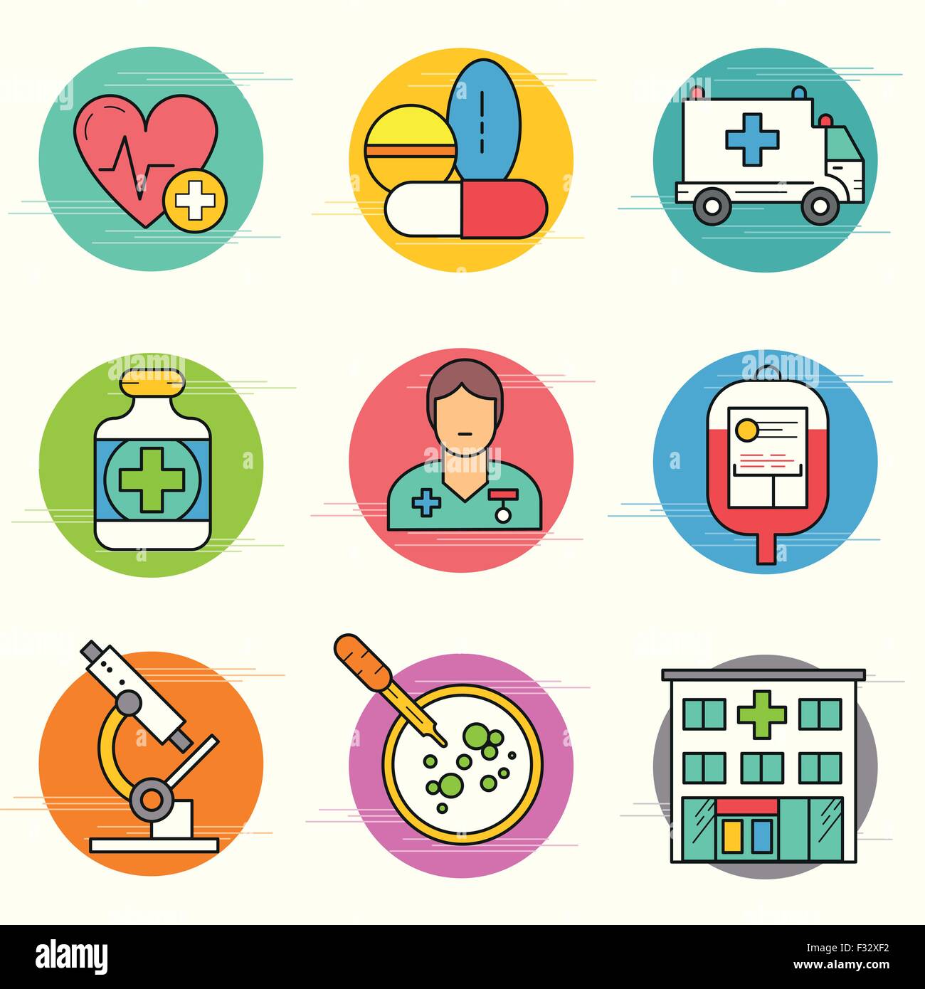 Medica e di ricerca icona Set. Una raccolta di icone di medici compresi, attrezzature, di persone e di strumenti medicali. Illustrazione Vettoriale
