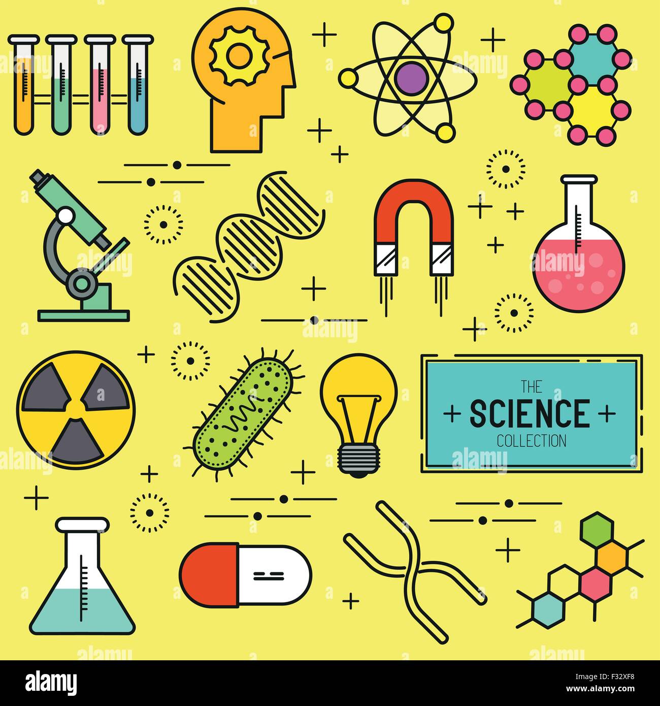 La scienza Vector Icon Set. Una collezione di scienza a tema di icone di linea comprendente un atomo, simboli della chimica e delle apparecchiature. Illustrazione Vettoriale