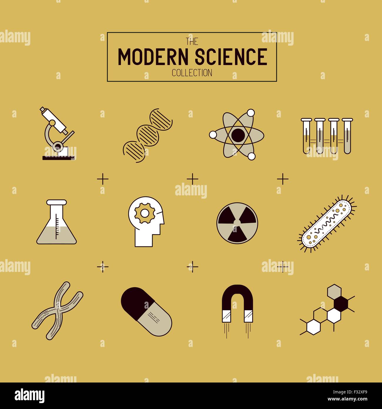 La scienza Gold Icona vettore Set. Una collezione di oro la scienza a tema di icone di linea comprendente un atomo, simboli della chimica e delle apparecchiature. Illustrazione Vettoriale
