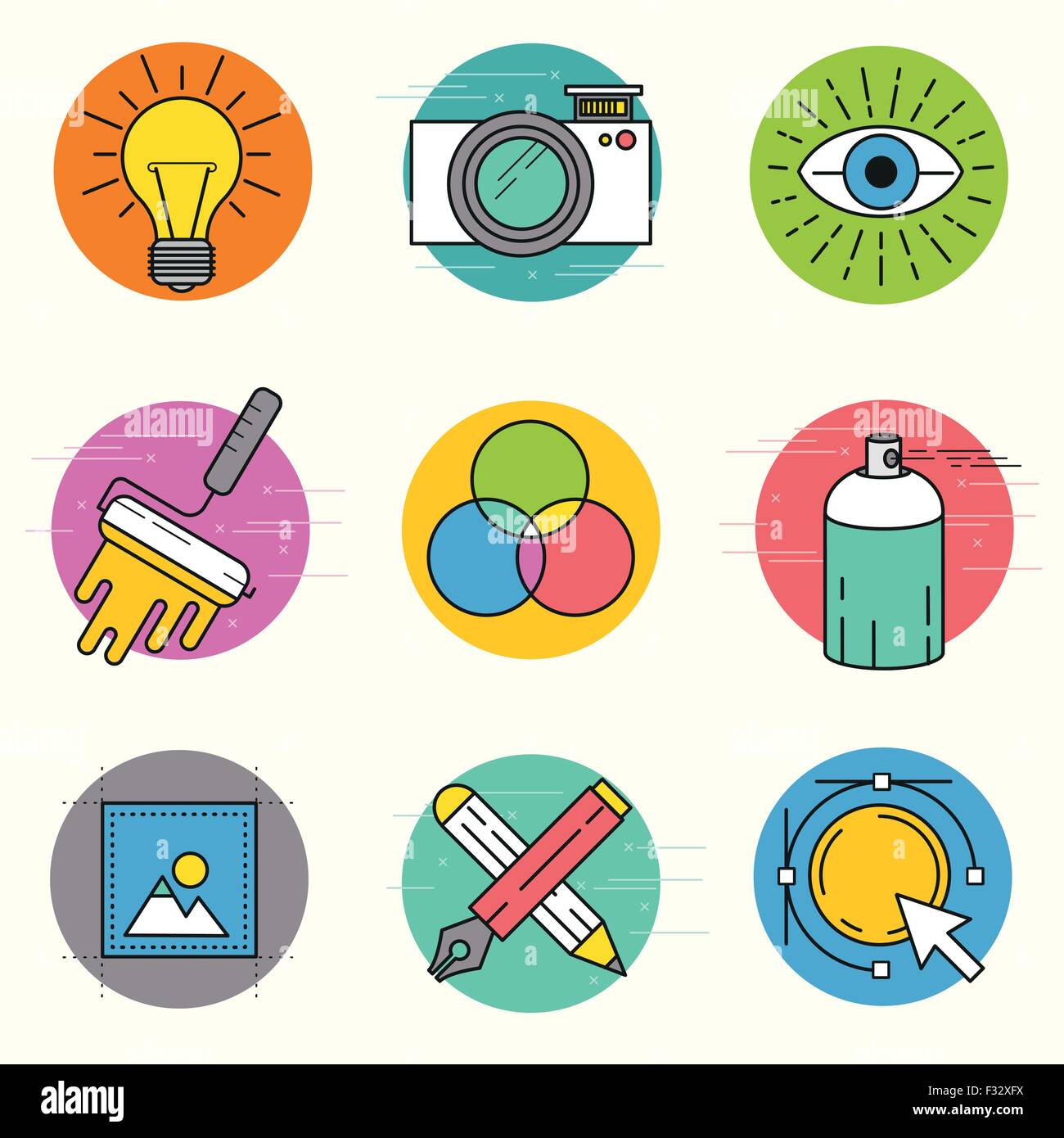 Vettore di Creative Icon Set. Una collezione di design a tema di icone di linea compresi strumenti artistici, digital design e produzione creativa. Illustrazione Vettoriale