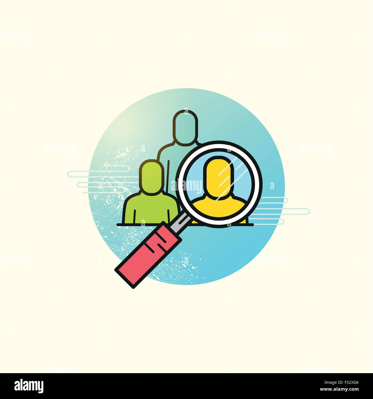 Headhunting vettore di business. Una lente di ingrandimento evidenziando un membro del team. Illustrazione Vettoriale Illustrazione Vettoriale