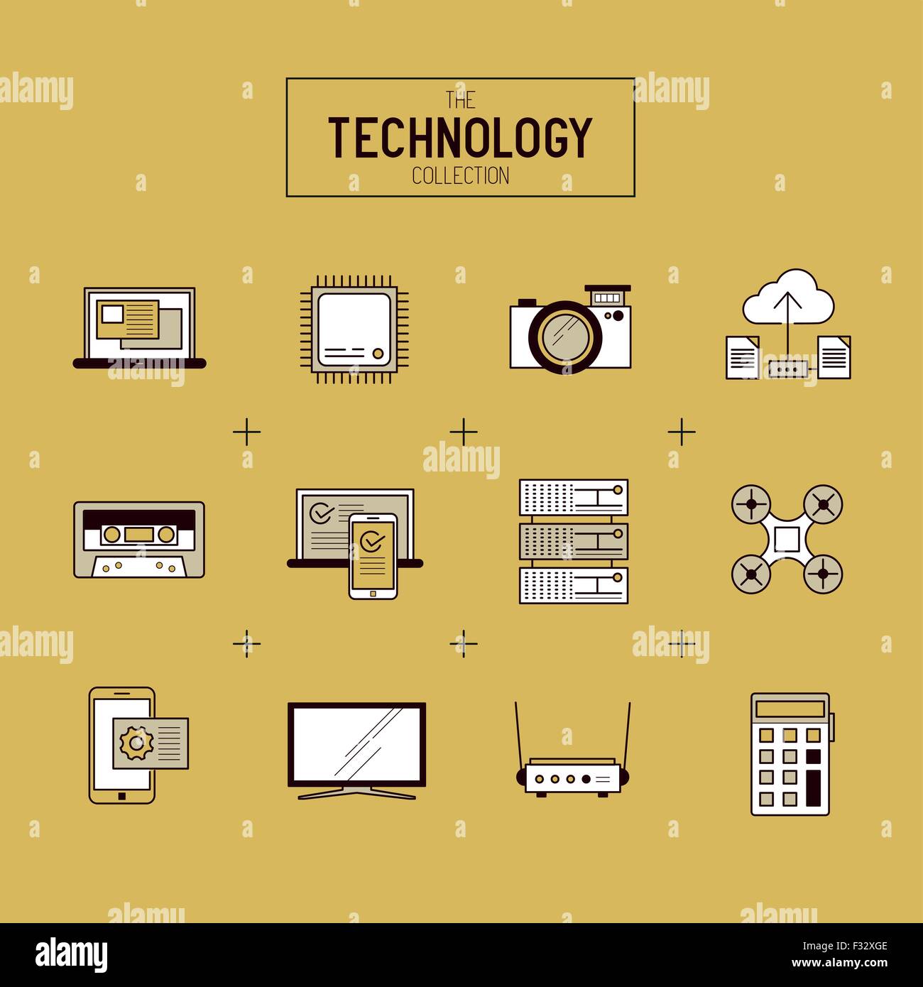 Vettore di tecnologia Icon Set. Una collezione di oro la moderna tecnologia articoli che includono una CPU, fuco, TV e dispositivi mobili. Illustrazione Vettoriale