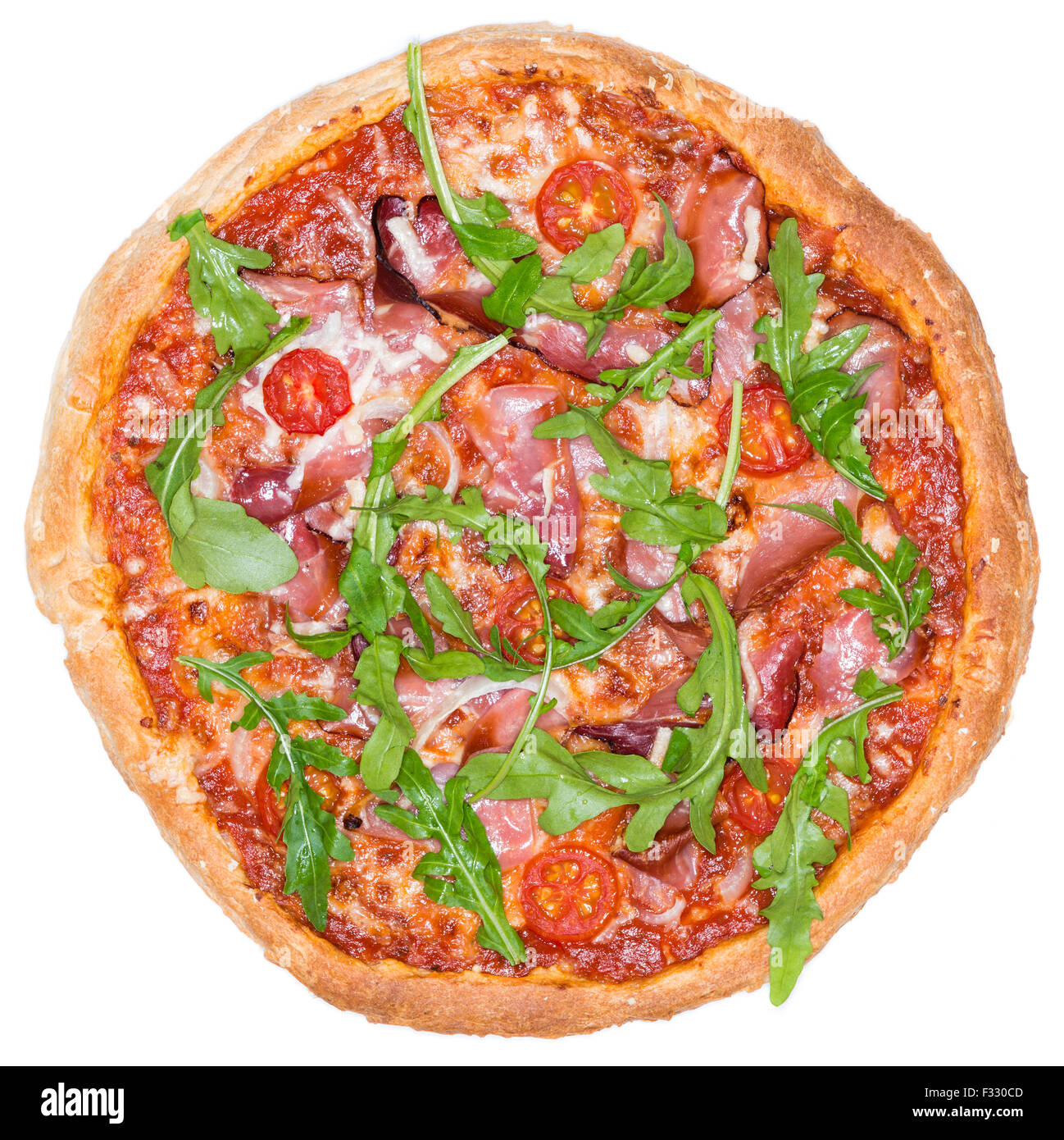 Il prosciutto casalingo Pizza isolato puro su sfondo bianco Foto Stock
