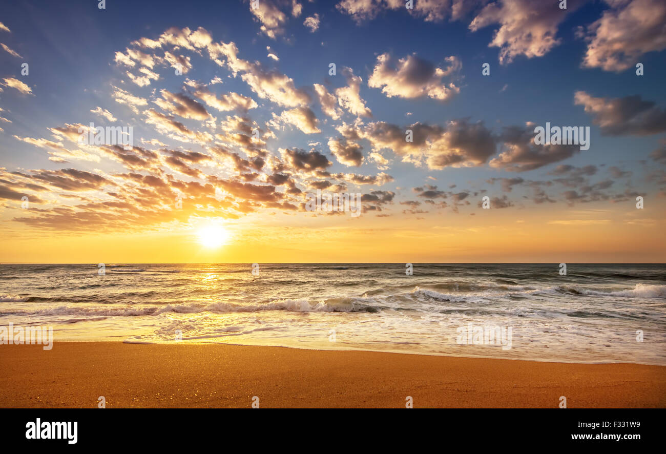 Tramonto tropicale sulla spiaggia. Foto Stock
