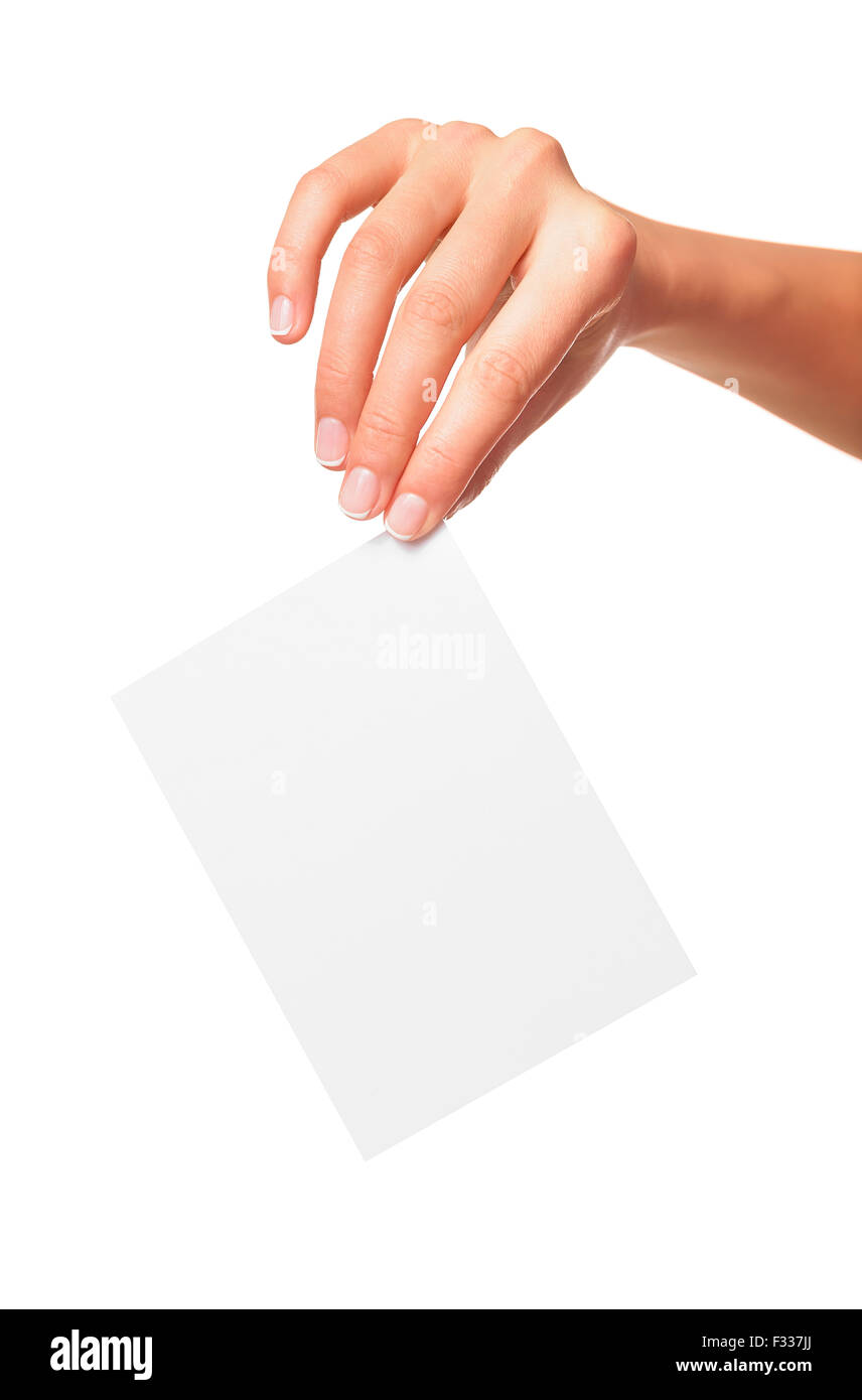 Donna che mantiene blank business card in mano. Foto Stock