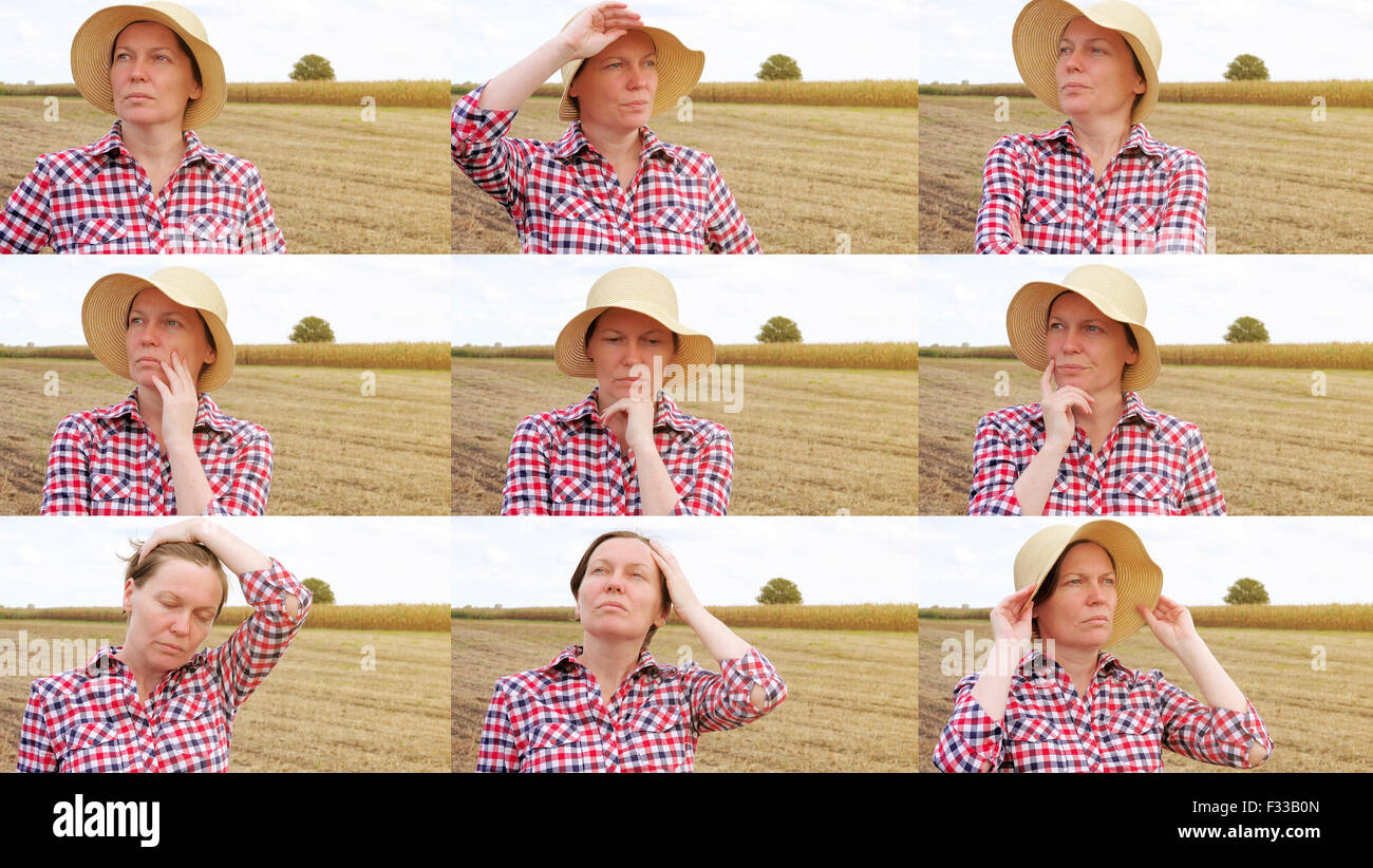 L'agricoltore interessato pianificazione nuova stagione di semina, femmina contadino con cappello di paglia al campo coltivato, sequenza di immagini collage Foto Stock