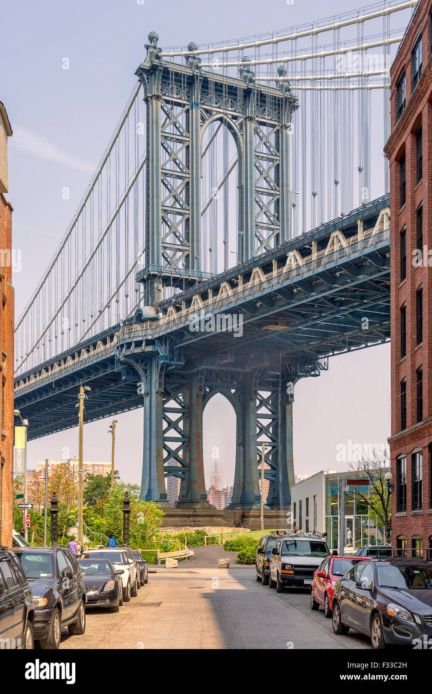 Manhattan dal ponte di Brooklyn a New York Foto Stock