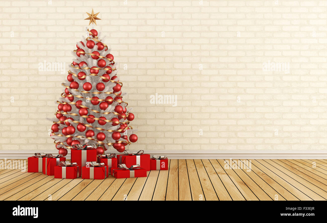 Il bianco e il rosso albero di natale con il presente in una stanza vuota-3D Rendering Foto Stock Il bianco e il rosso albero di natale con il presente in una stanza vuota-3D Rendering Foto Stock