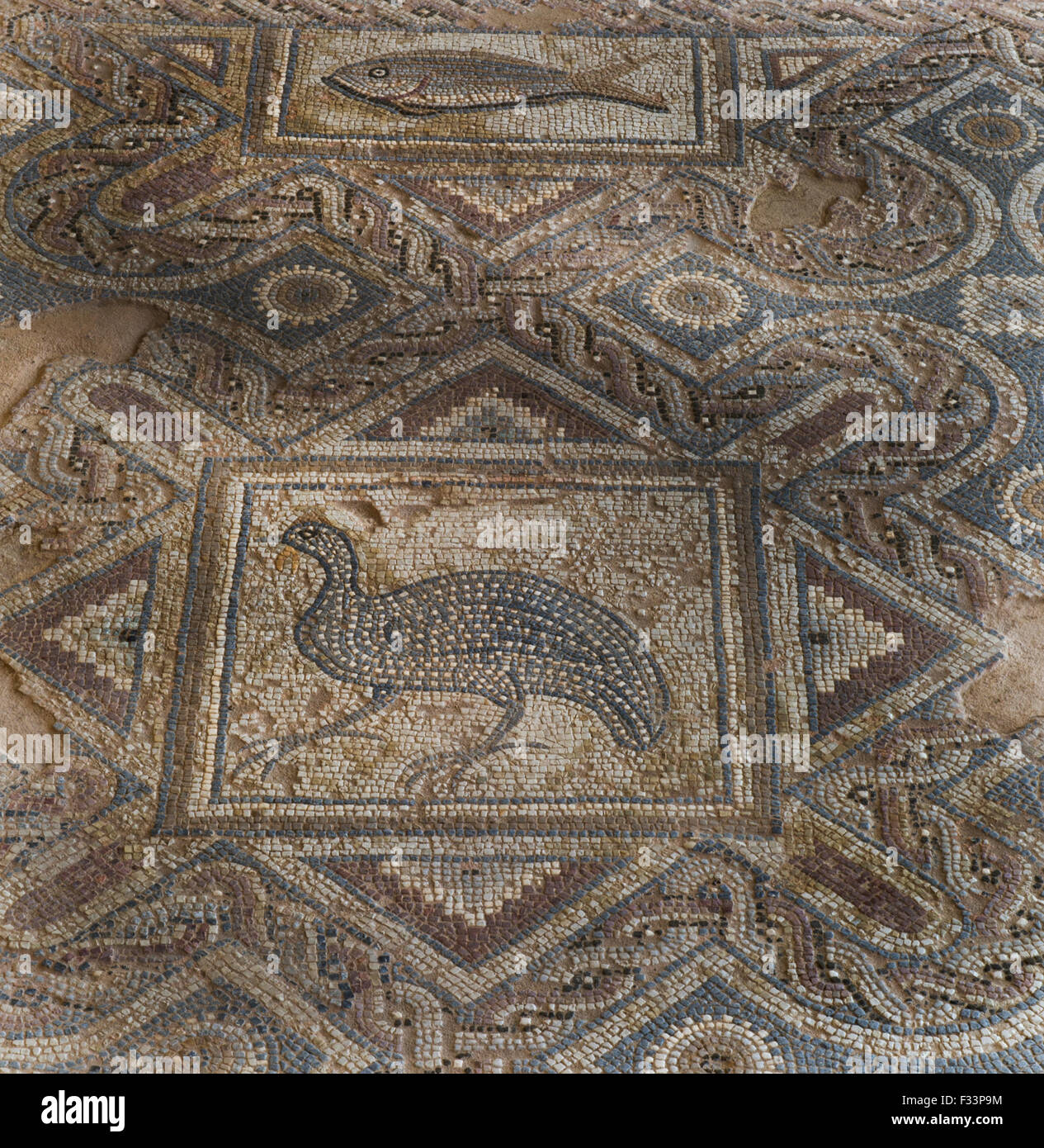 Dei primi Cristiani mosaico raffigurante un faraone nel suo centro il testo recita ' i mosaici a Eustolios complesso in Kourion, Cipro Foto Stock
