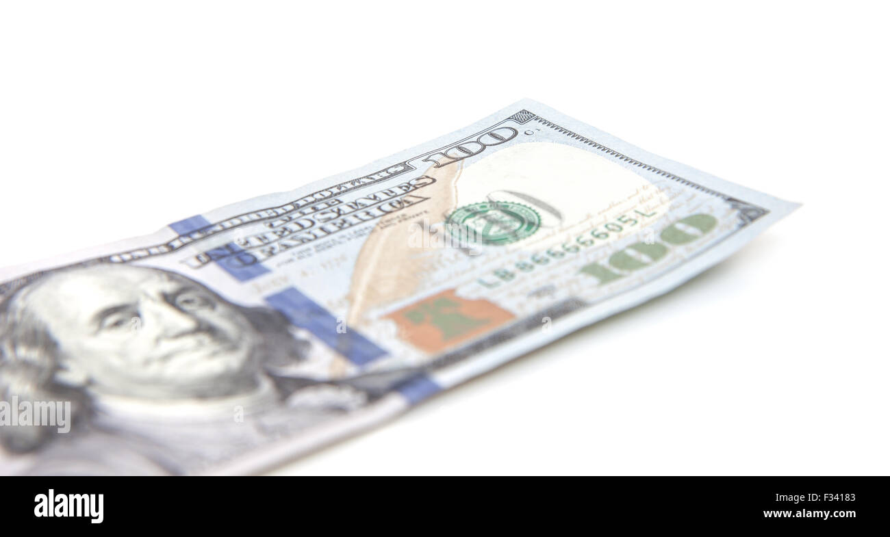 Solo centinaia di dollar nota. Tutto su sfondo bianco. Foto Stock