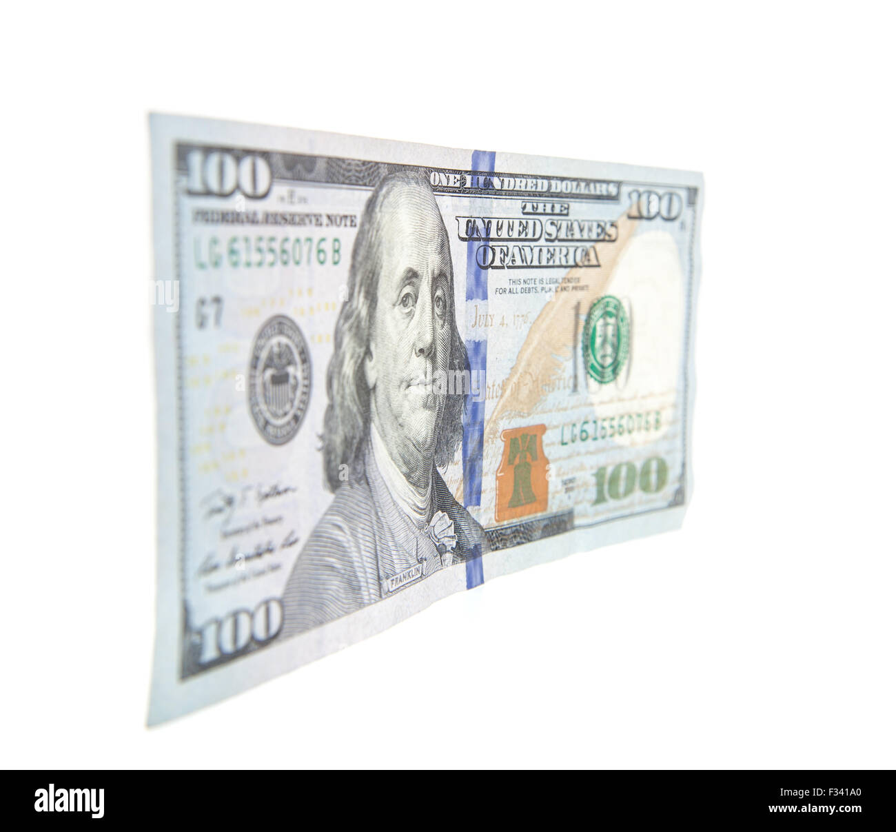 Solo centinaia di dollar nota. Tutto su sfondo bianco. Foto Stock