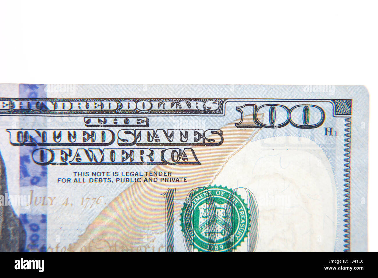Hundred Dollar dettaglio nota. Tutto su sfondo bianco. Foto Stock