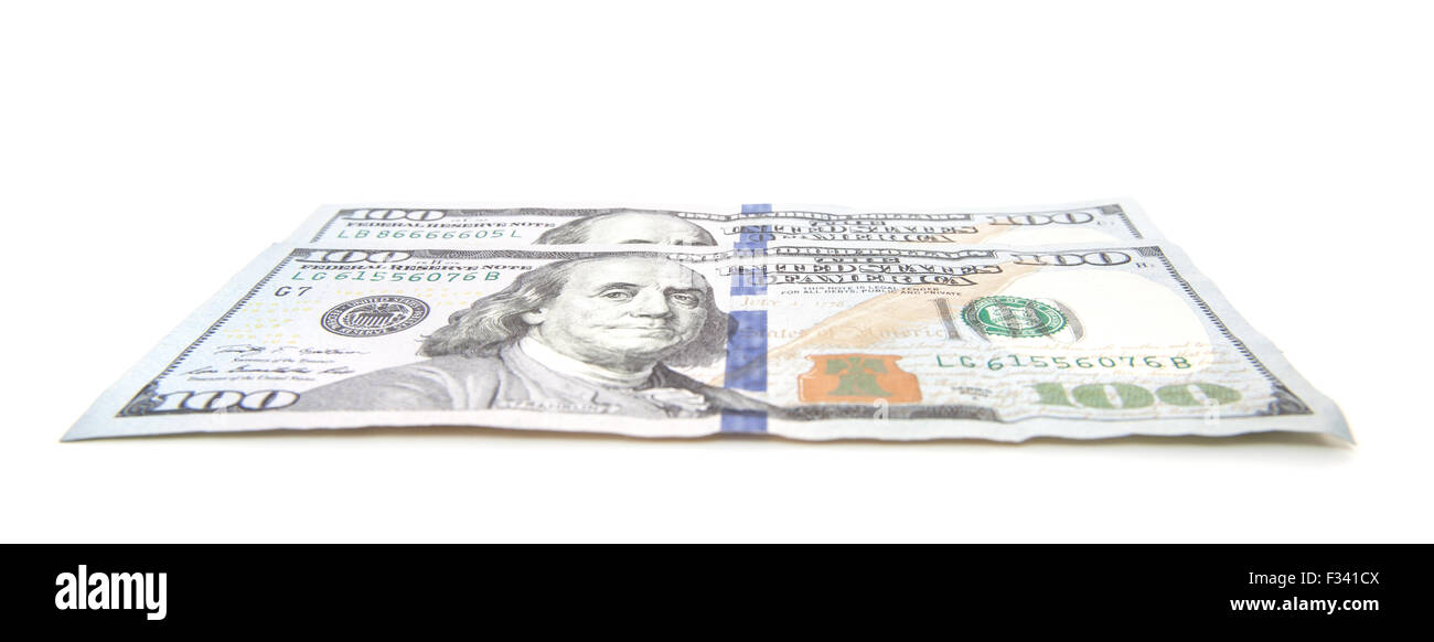 Duecento dollar note. Tutto su sfondo bianco. Foto Stock