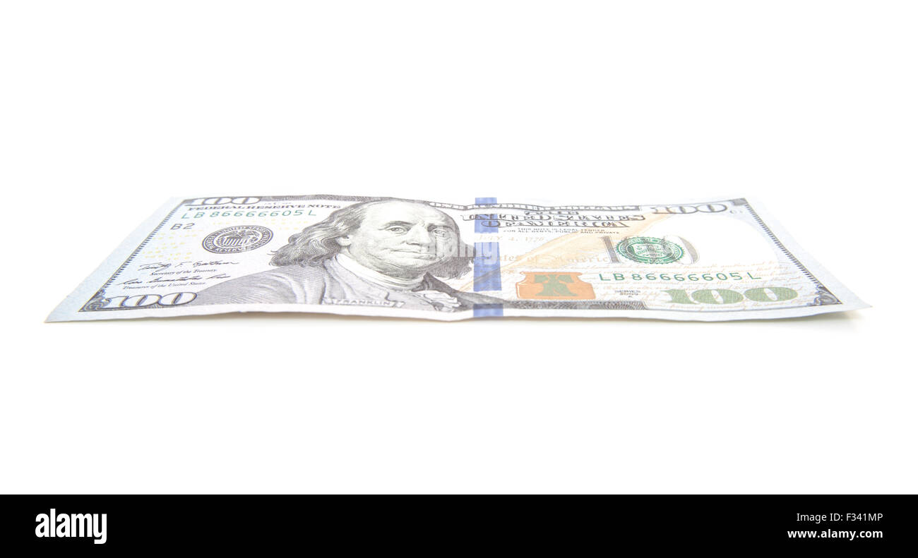 Solo centinaia di dollar nota. Tutto su sfondo bianco. Foto Stock