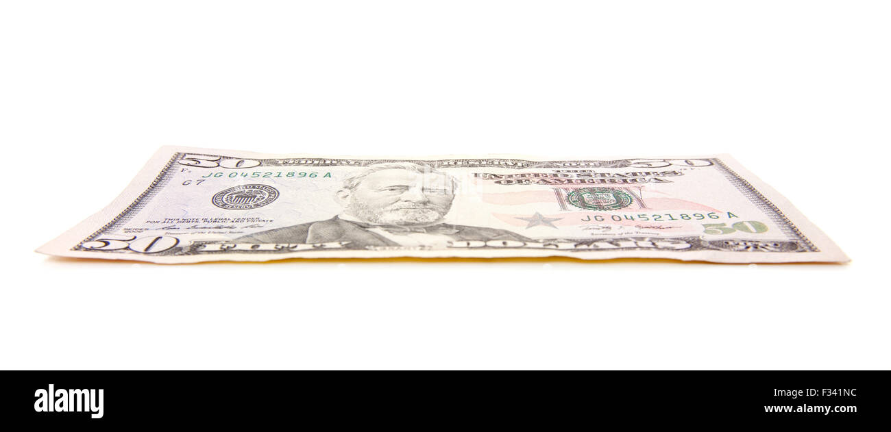 Solo cinquanta dollari nota. Tutto su sfondo bianco. Foto Stock