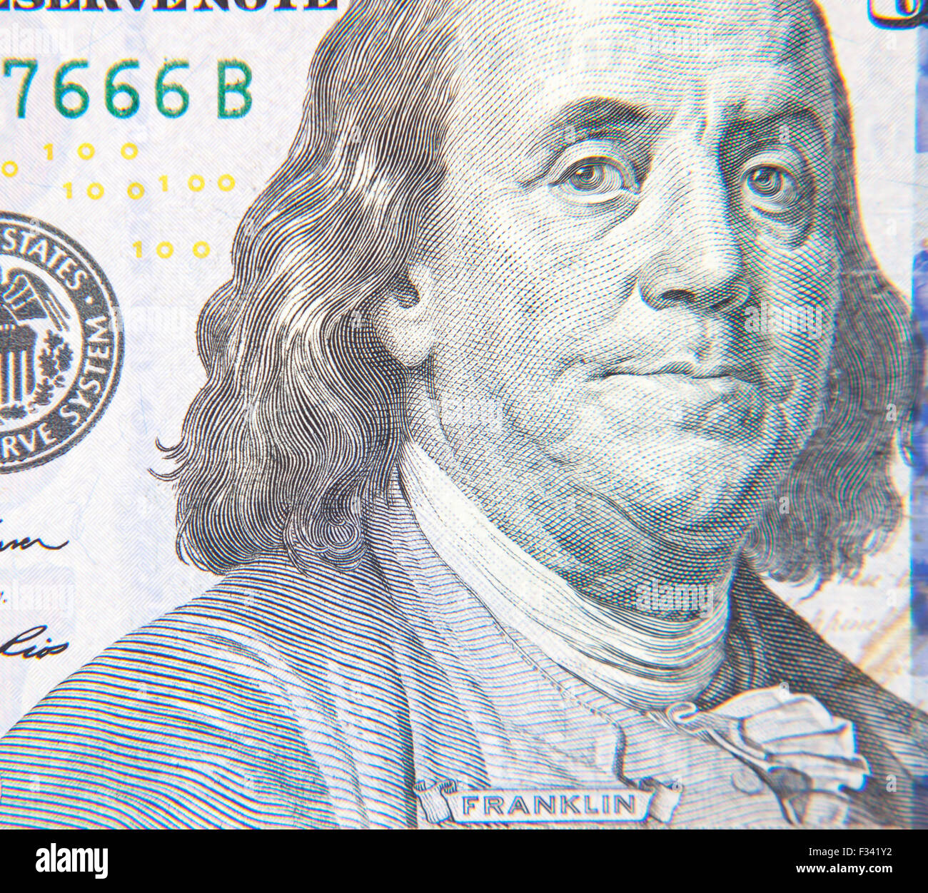 Benjamin Franklin ritratto su centinaia di dollar nota Foto Stock
