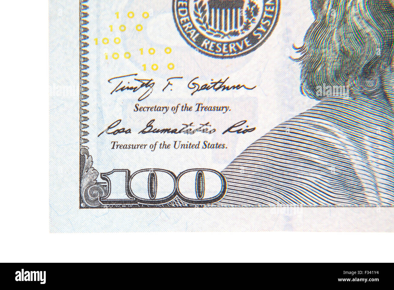Hundred Dollar dettaglio nota. Tutto su sfondo bianco Foto Stock