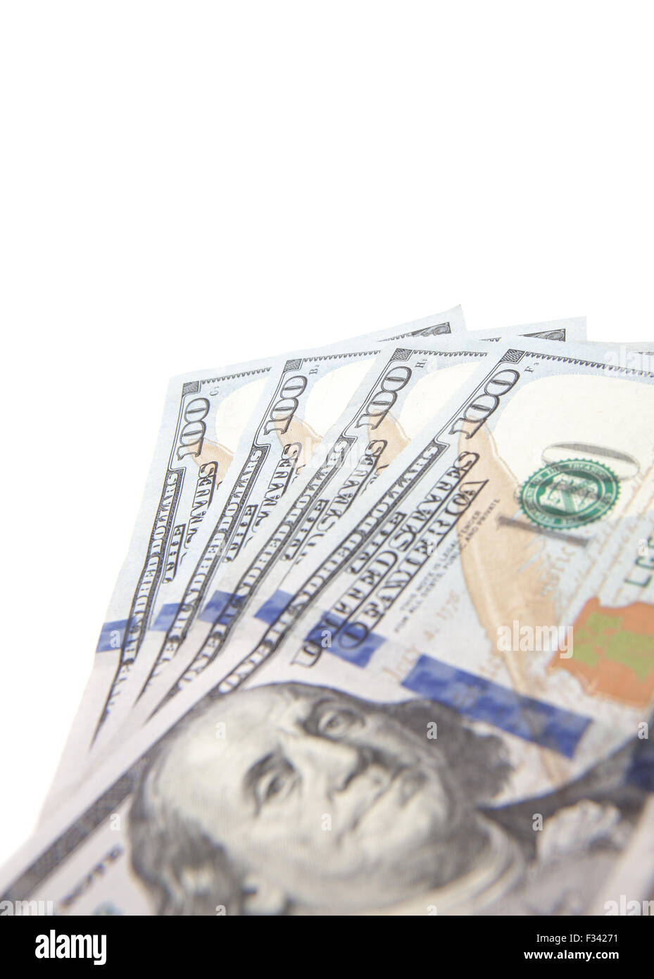 4 Hundred Dollar note. Tutto su sfondo bianco. Foto Stock