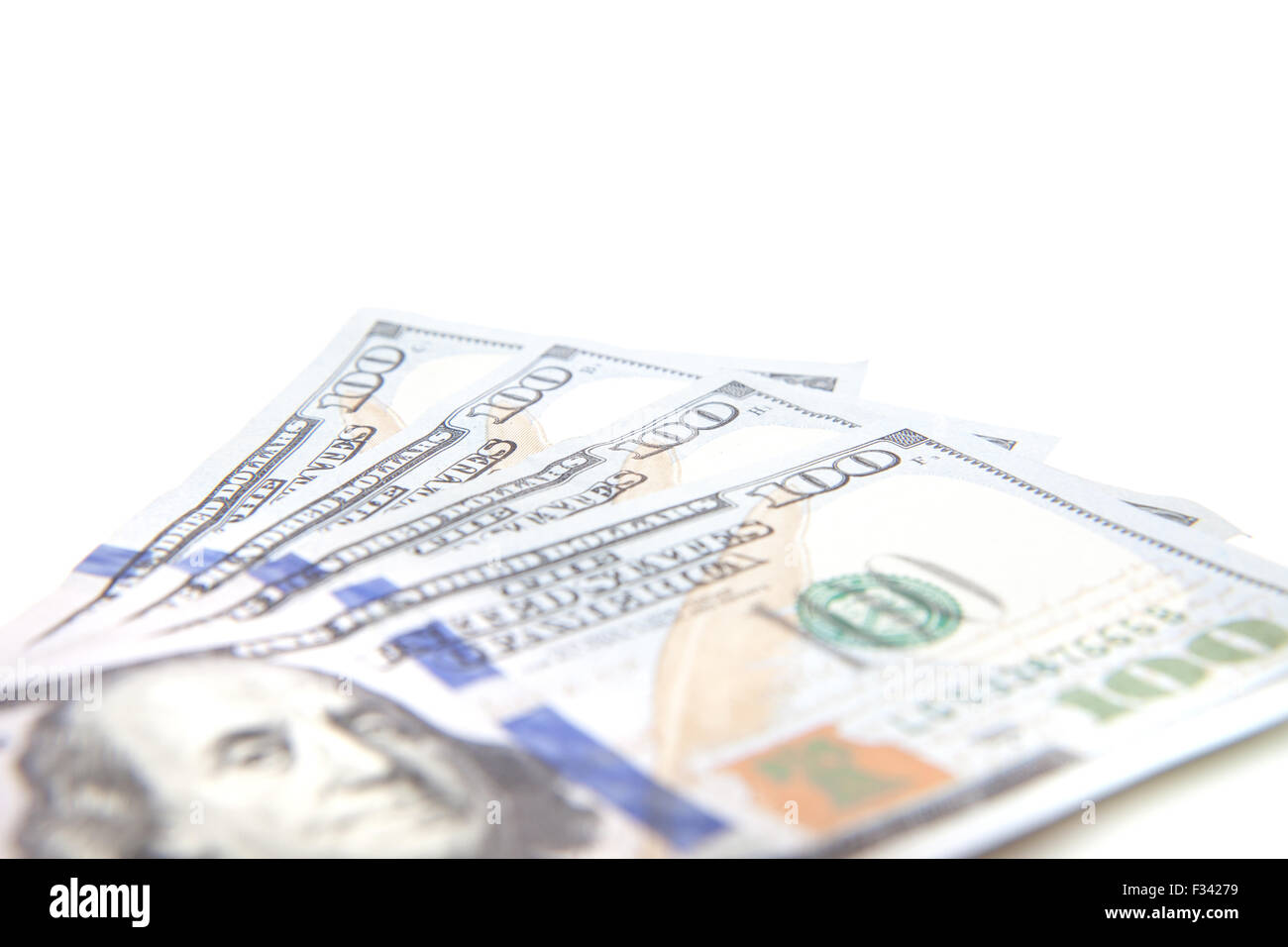 4 Hundred Dollar note. Tutto su sfondo bianco Foto Stock