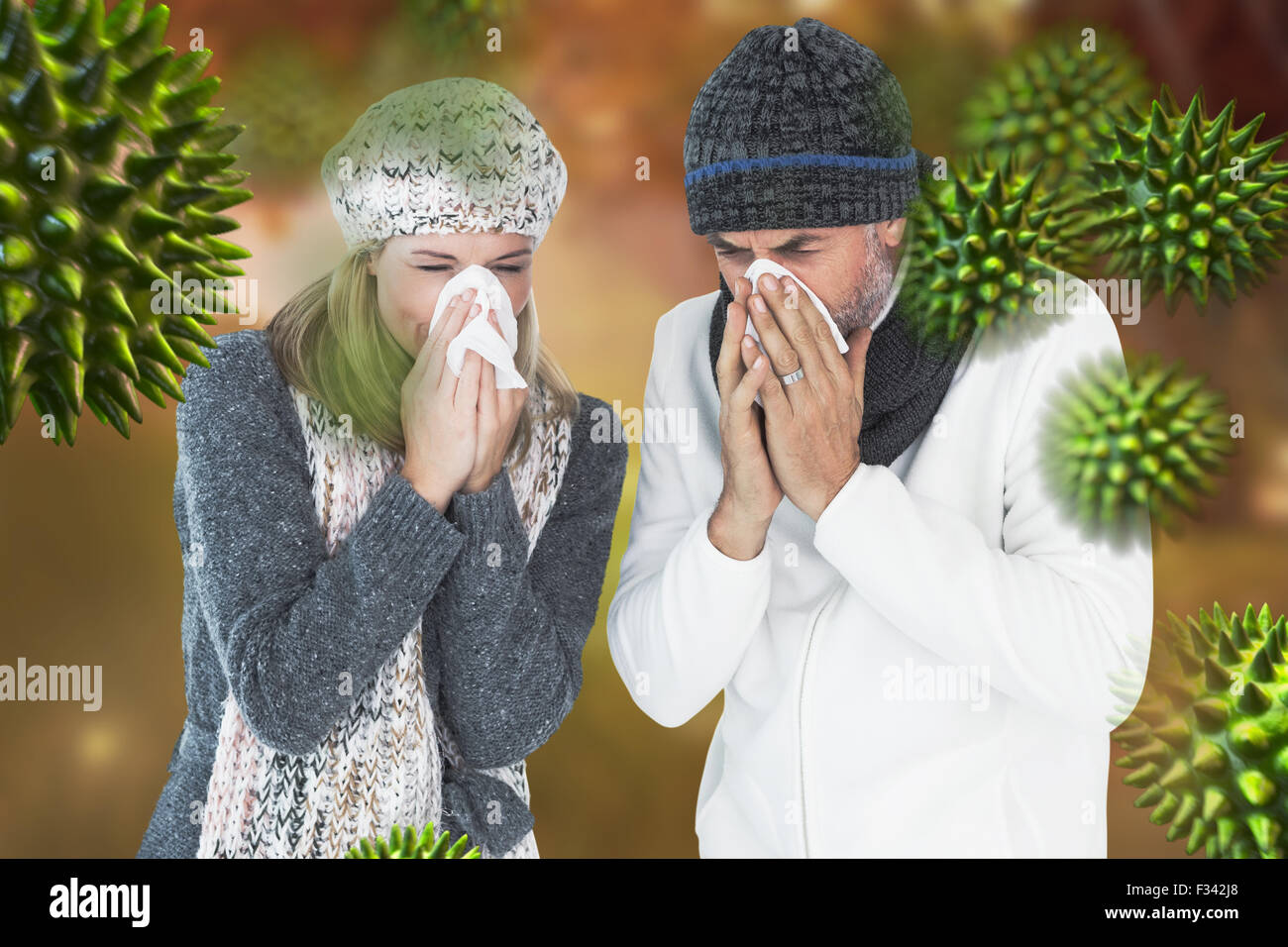 Immagine composita della giovane starnuti nel tessuto Foto Stock