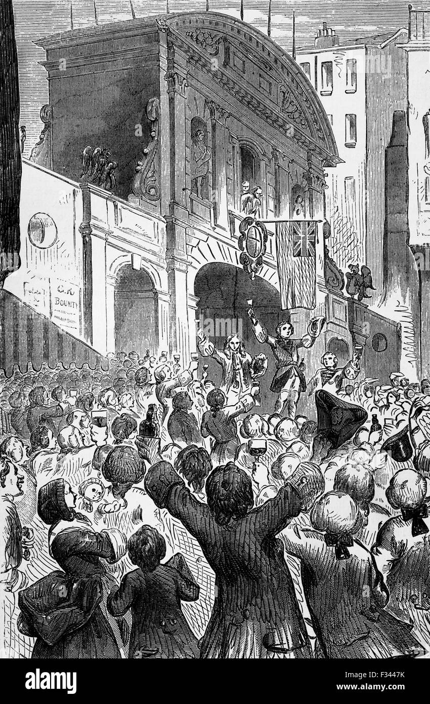 Frederick, Principe di Galles e il figlio più anziano di George II, al Temple Bar, Londra, bere il successo per il Parlamento la Guerra di Successione austriaca sulla morte del Sacro Romano Imperatore Carlo VI nel 1740. Foto Stock