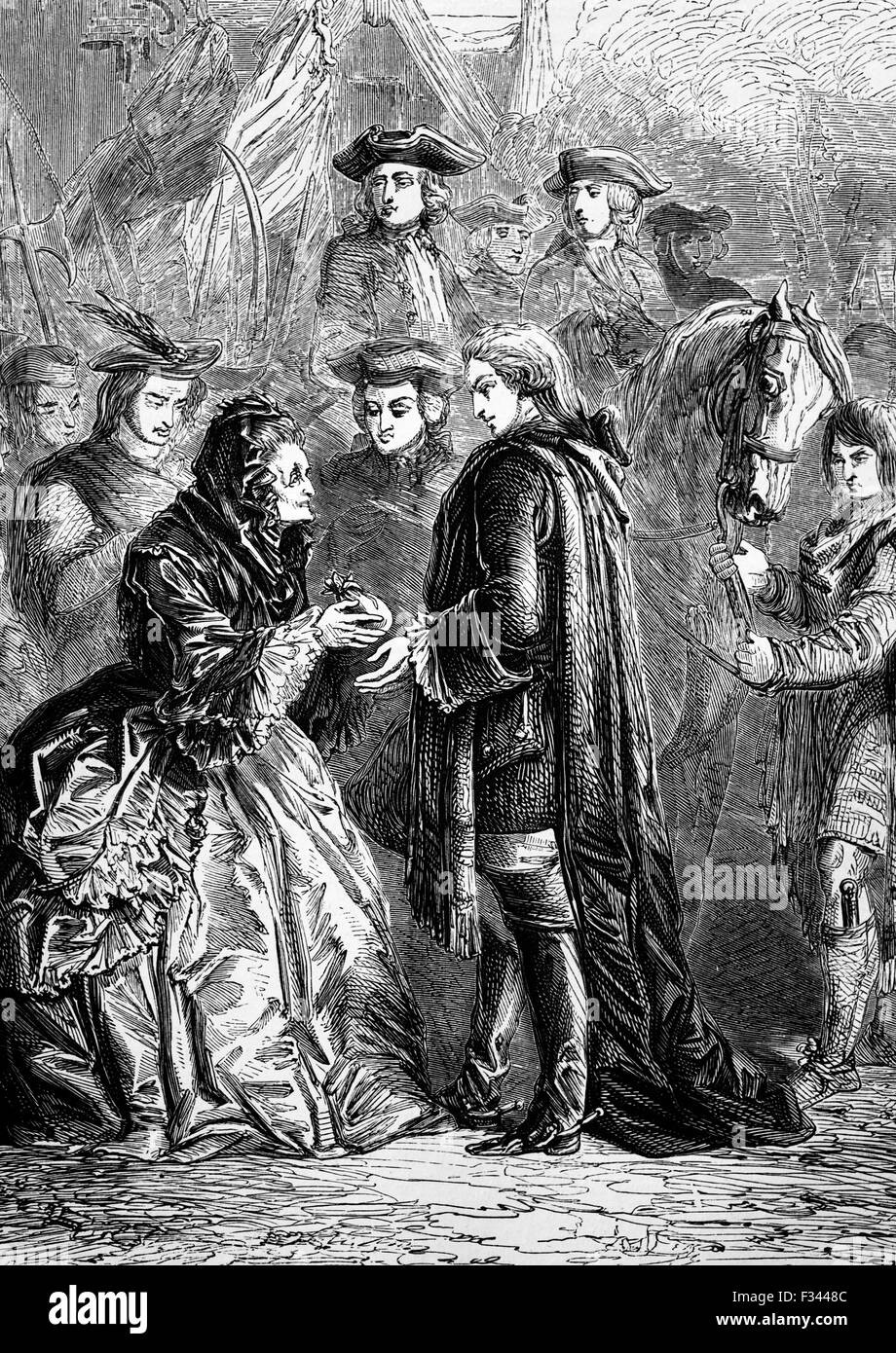 A seguito della battaglia di Prestonpans, 21 settembre 1745, il Principe Carlo, comunemente noto come Bonnie Prince Charlie o il giovane pretendente, spostato a sud per quanto riguarda il fiume Mersey dove ha incontrato la signora Skyring, il vecchio daugher di un cavalier. Foto Stock