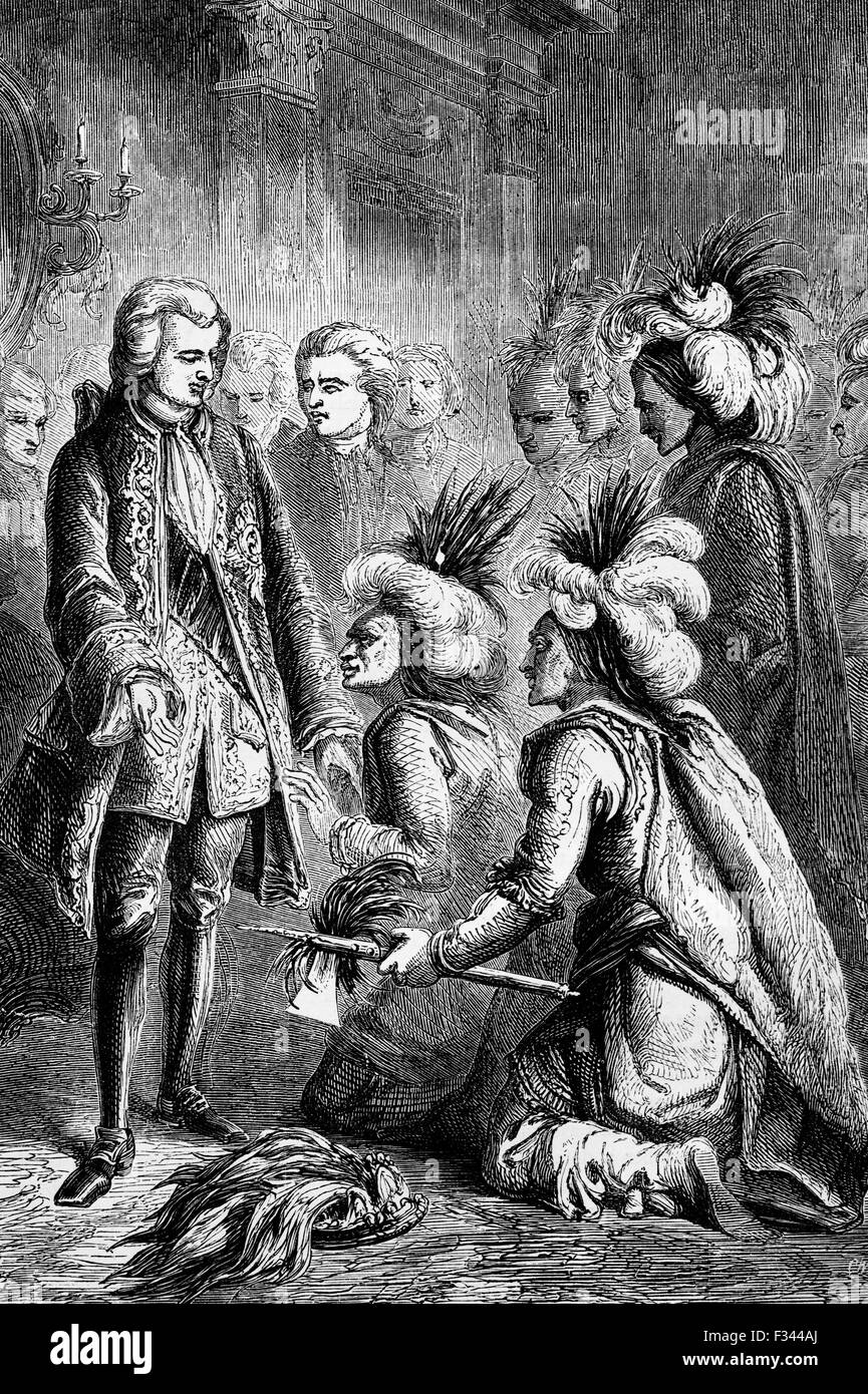 Un gruppo in visita di indiani o nativi americani del Nord colonie americane presso la Corte di Giorgio III a Londra, 1777. Foto Stock