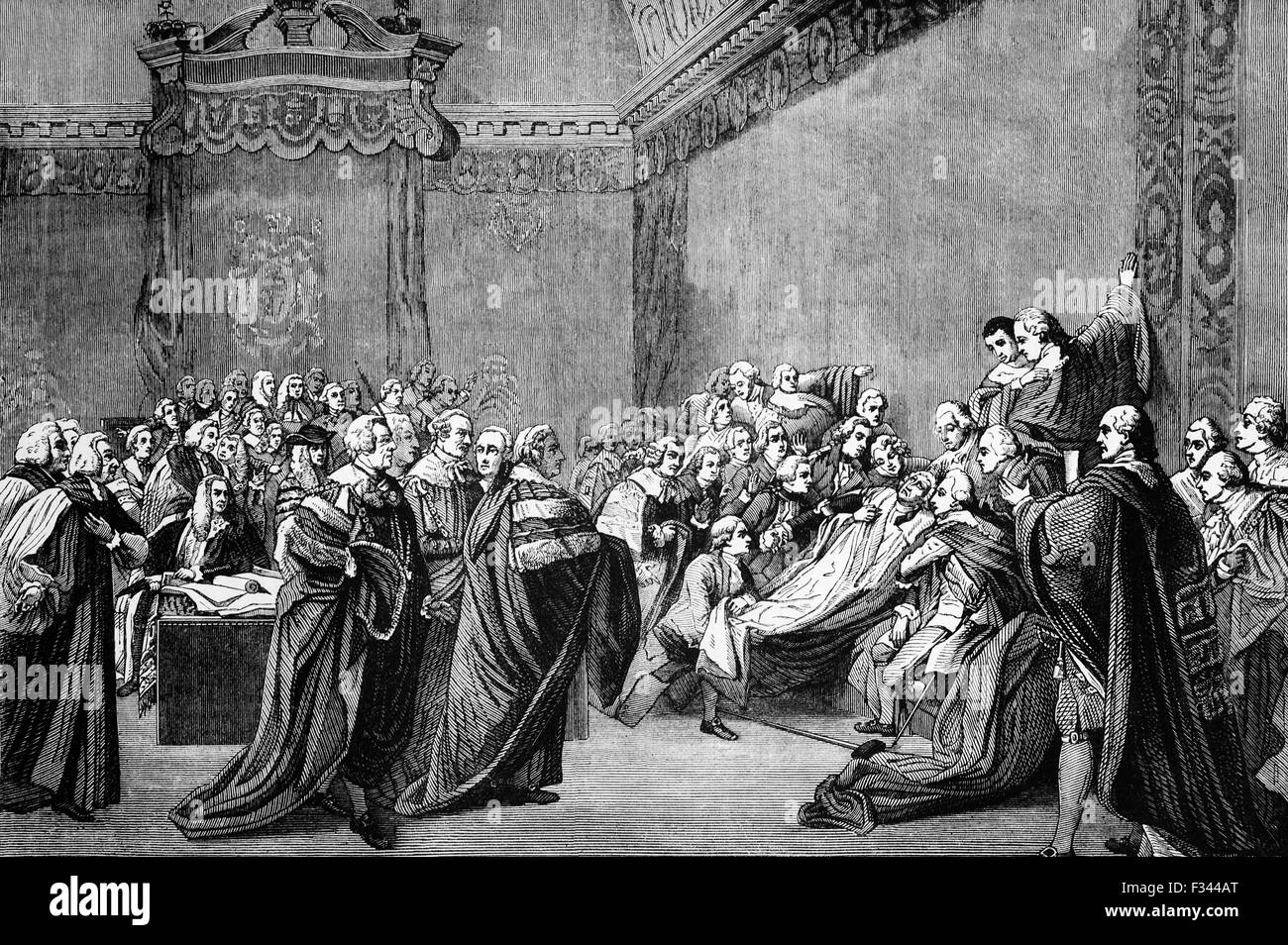 Il crollo della casa dei signori di William Pitt il vecchio, un Whig britannico statista e il Primo Ministro che ha guidato la Gran Bretagna durante la Guerra dei Sette Anni,. Morì il 11 maggio 1778. Foto Stock