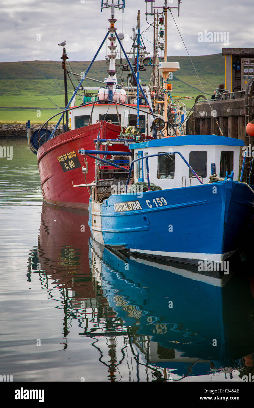 Barche da pesca lungo il molo nel porto di Dingle, Dingle, nella contea di Kerry, Repubblica di Irlanda Foto Stock