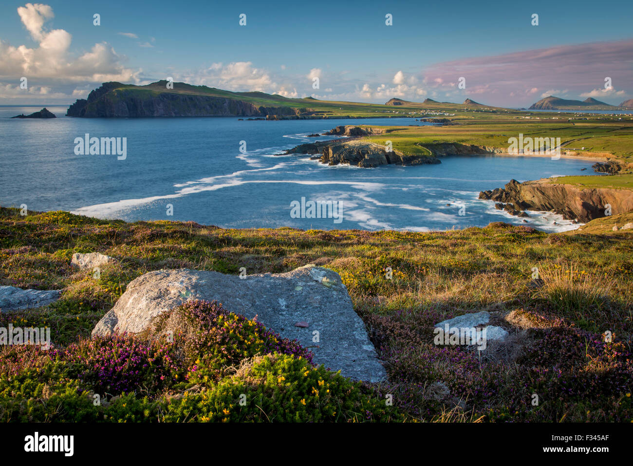 Sera La luce solare sulla baia di Ballyferriter, Sybil punto e i picchi delle Tre Sorelle, penisola di Dingle, nella contea di Kerry, Irlanda Foto Stock