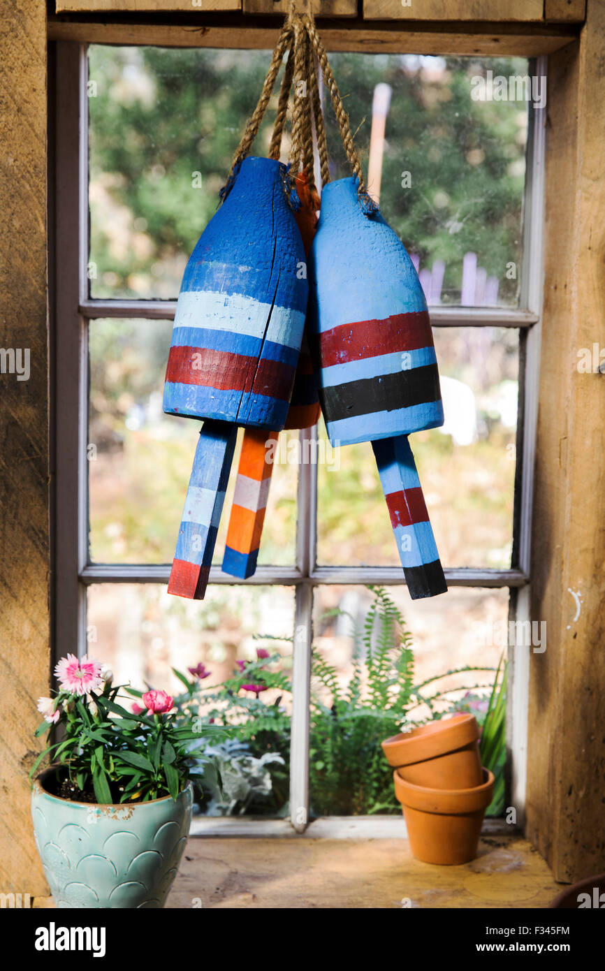 Boe di legno in una Tettoia da giardino finestra Foto Stock