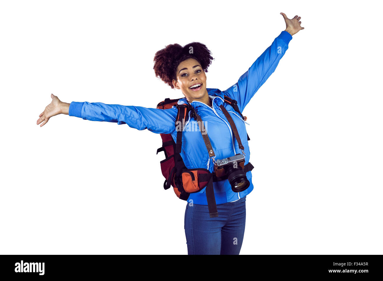 Estasiato giovane donna con le braccia in aria Foto Stock