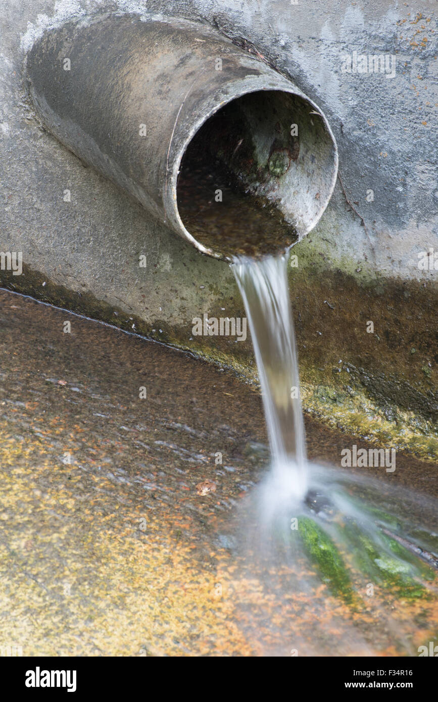 Tubo di drenaggio che sporge da una parete in cemento in un flusso. Foto Stock