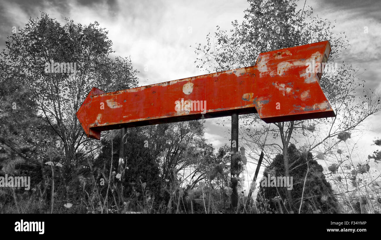 Un rosso vintage segno di freccia in dissaturato in bianco e nero paesaggio di erbacce, albero, sky in formato cinematografico. Foto Stock