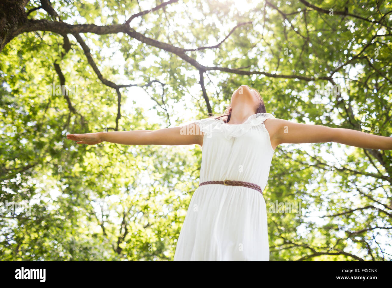 Basso angolo di visione della donna in abito bianco contro alberi Foto Stock