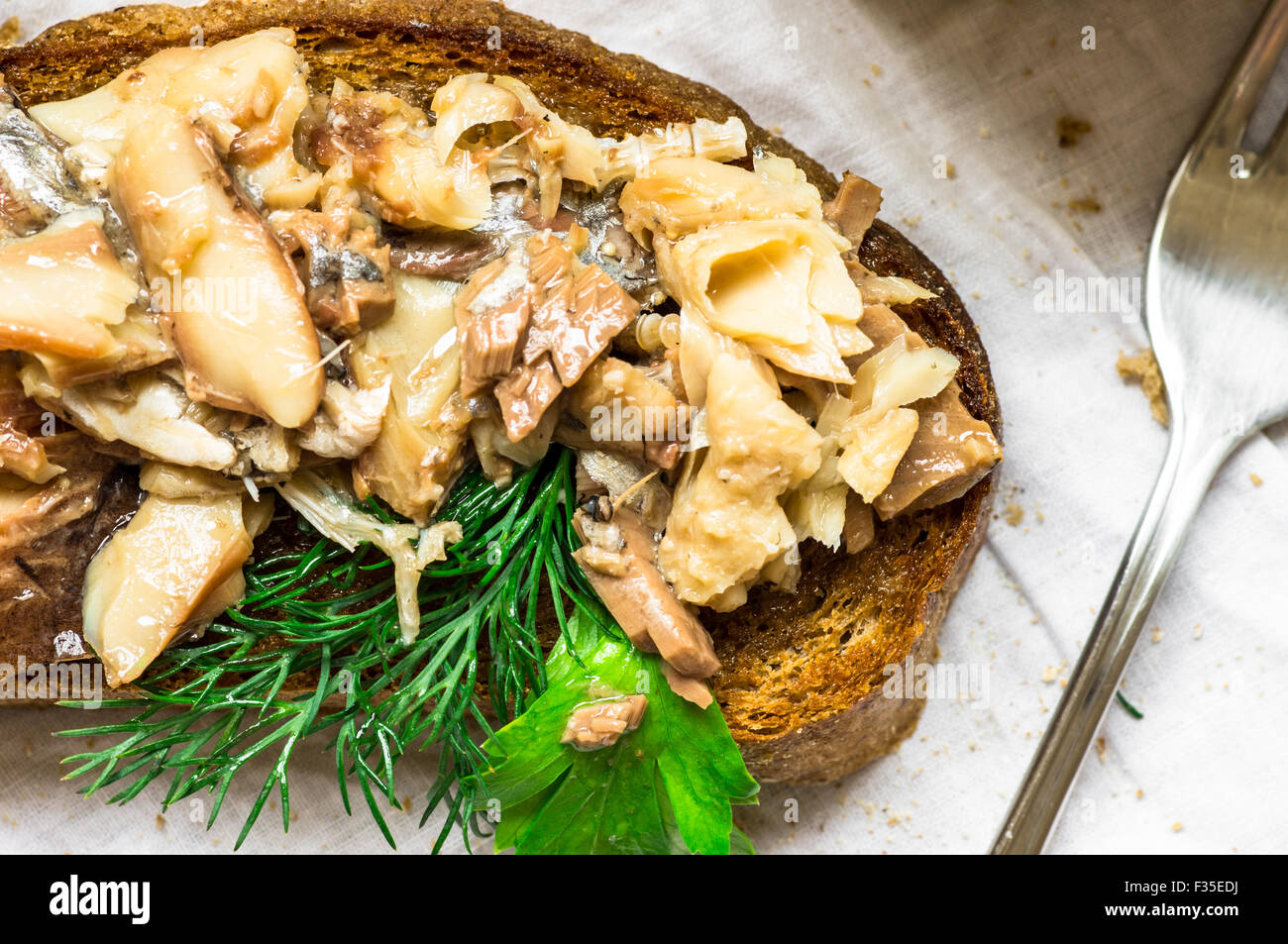 Conserve di pesce in olio sandwich di aringa in stile rustico Foto Stock