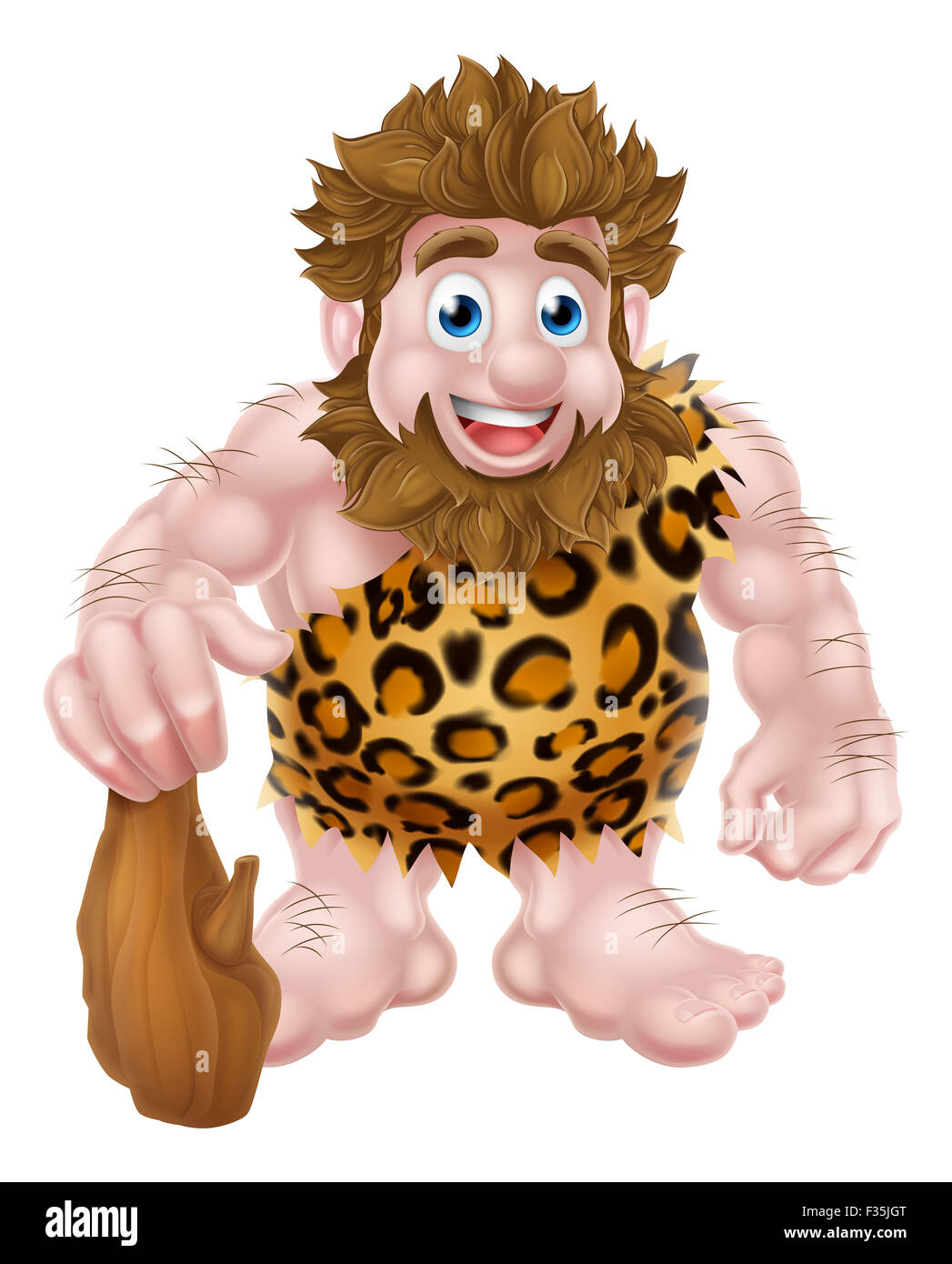 Un cartoon carino caveman in una pelle animale tenendo un club. Foto Stock
