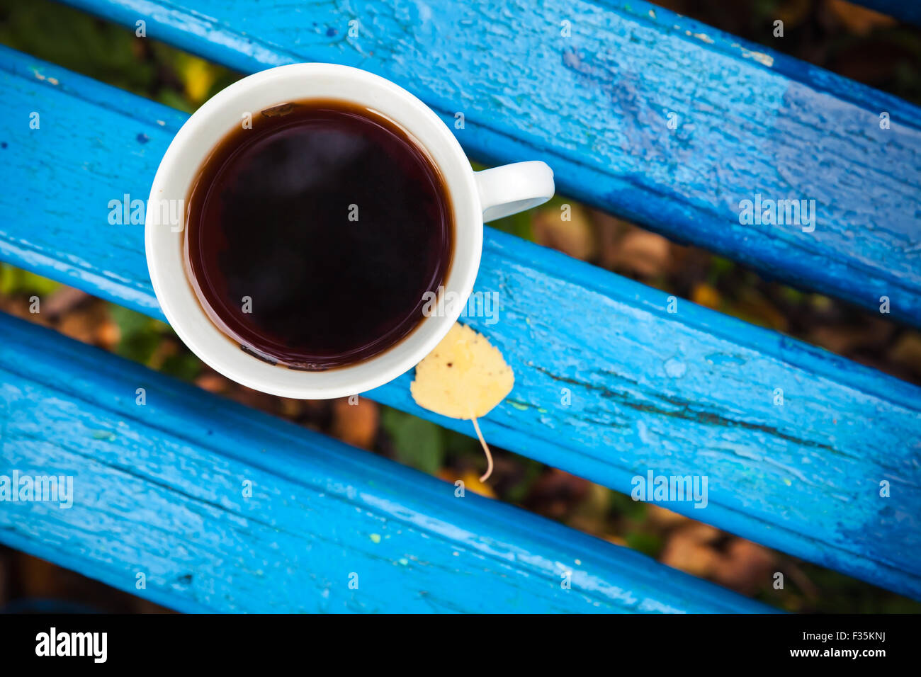 White tazza di tè nero è il vecchio blu panca in legno nel parco d'autunno. Messa a fuoco selettiva con DOF poco profondo, vista dall'alto Foto Stock