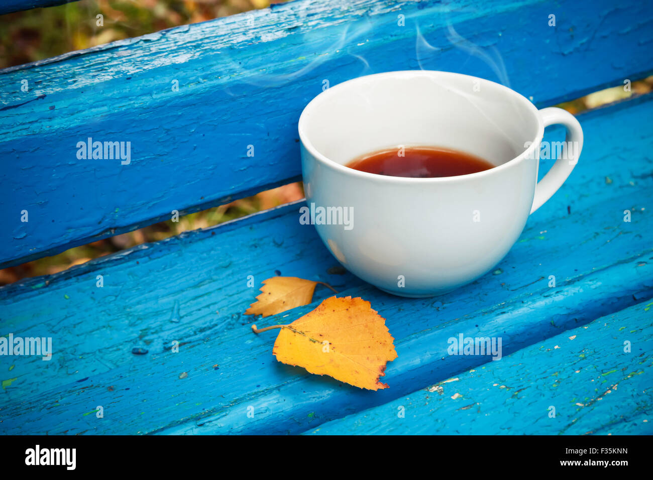 White tazza di tè nero è il vecchio blu panca in legno nel parco d'autunno. Messa a fuoco selettiva con DOF poco profondo, vintage tonale filtro foto Foto Stock