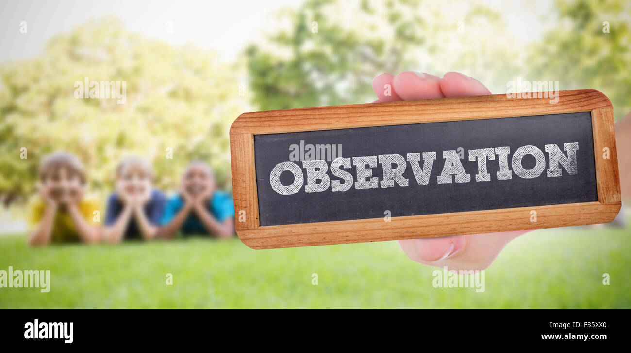 Osservazione contro happy amici nel parco Foto Stock