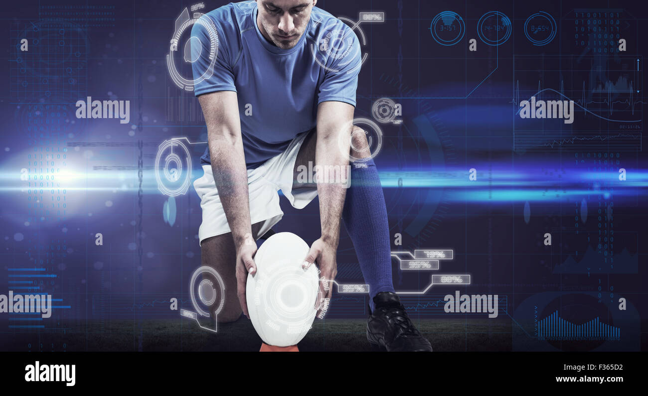 Immagine composita di lunghezza completa di giocatore di rugby mettendo la sfera Foto Stock