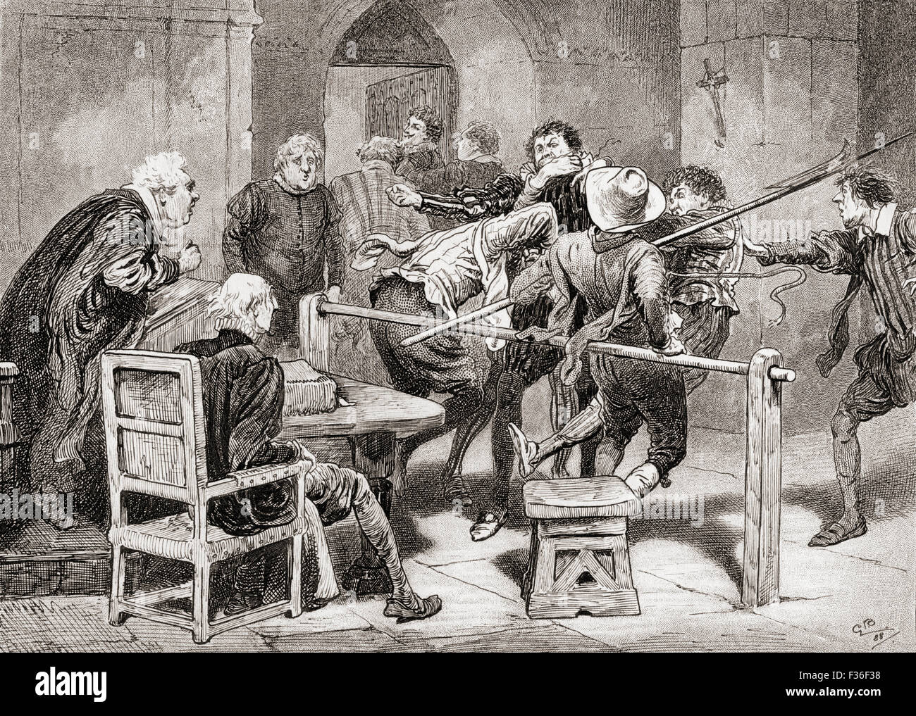 Una scena di William Shakespeare Molto rumore per nulla. Atto IV, scena 2. Dogberry: 'Dost non hai il sospetto che il mio posto? Tu non sospetto i miei anni?' illustrazione da Gordon Browne. Foto Stock