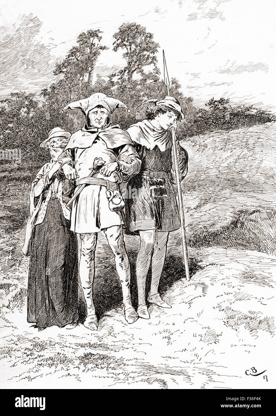 Una scena di William Shakespeare come vi piace. Atto II, scena IV. Touchstone: 'Ay, ora mi trovo in Arden, il più pazzo I.' illustrazione da Gordon Browne. Foto Stock